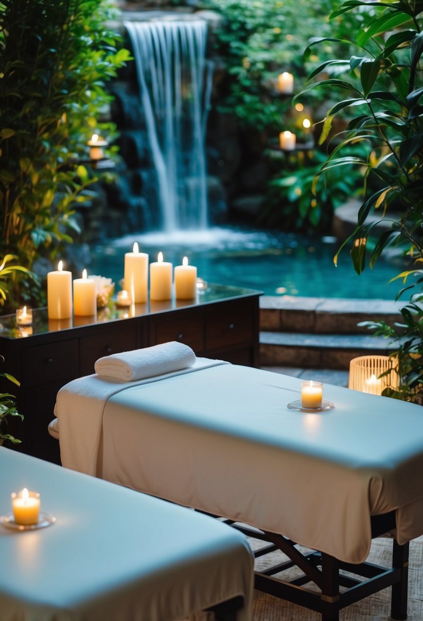 A serene spa setting with two massage tables, candles, and soft lighting, surrounded by lush greenery and a tranquil waterfall