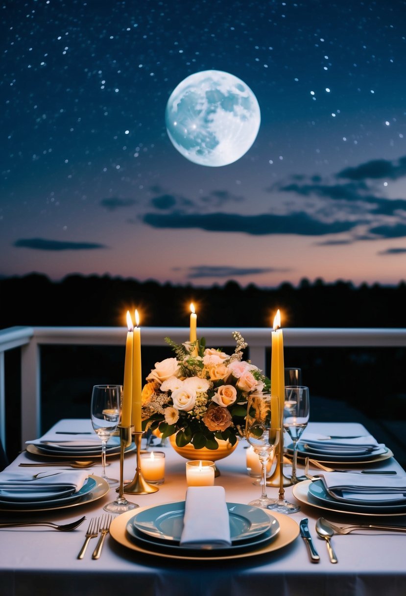 A candlelit table set with fine dinnerware and a bouquet of flowers, under a starry night sky with a full moon shining down