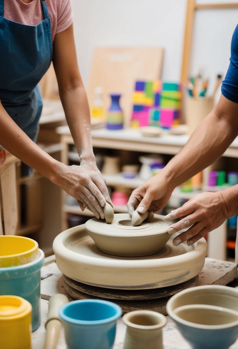 A pottery wheel with two sets of hands shaping clay, surrounded by colorful art supplies and finished pottery pieces