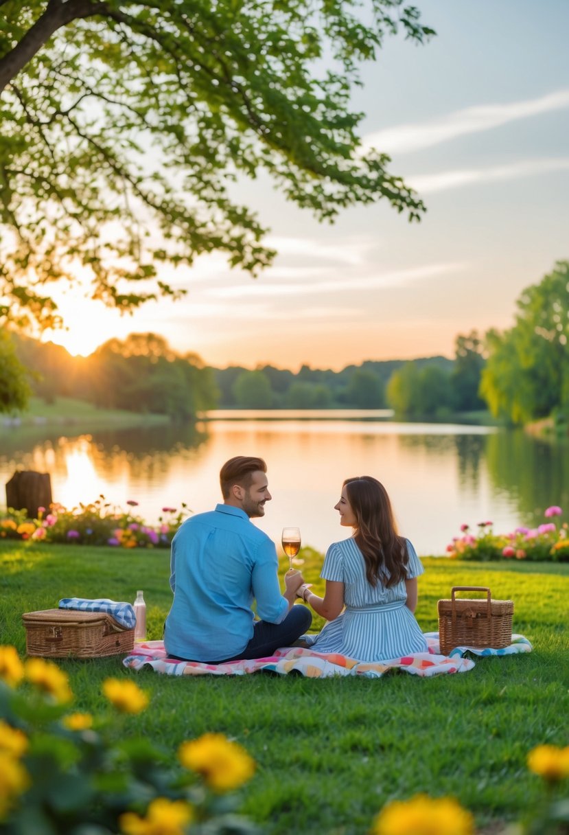 A couple picnicking in a lush park, surrounded by blooming flowers and a serene lake, with a beautiful sunset in the background