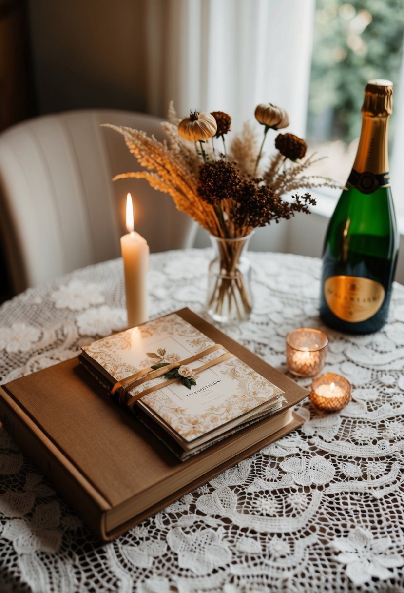 A table adorned with a lace tablecloth, holding a scrapbook, dried flowers, and a bottle of champagne. A candle flickers nearby, casting a warm glow