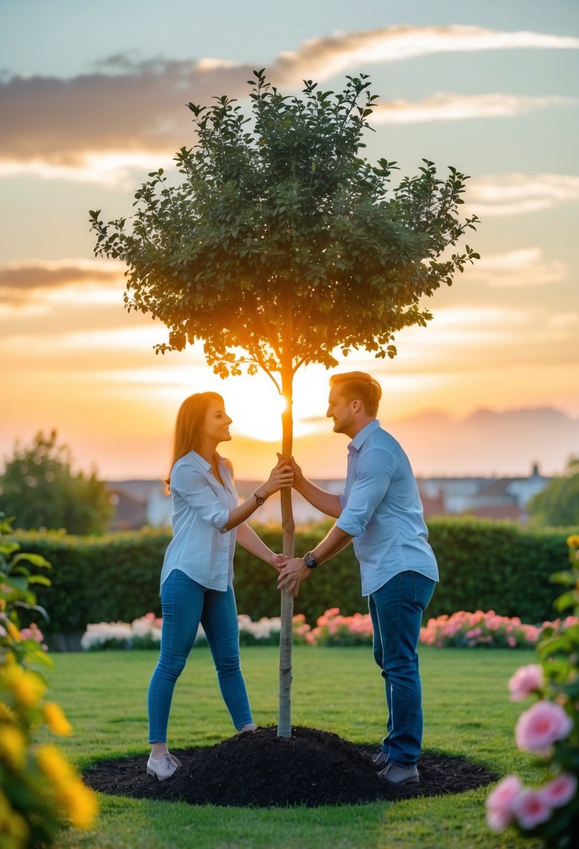 A couple planting a love tree in their garden, surrounded by blooming flowers and a beautiful sunset