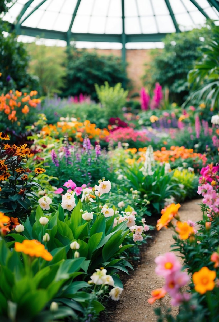 A colorful array of blooming flowers and lush greenery fill the botanical garden, creating a vibrant and serene atmosphere