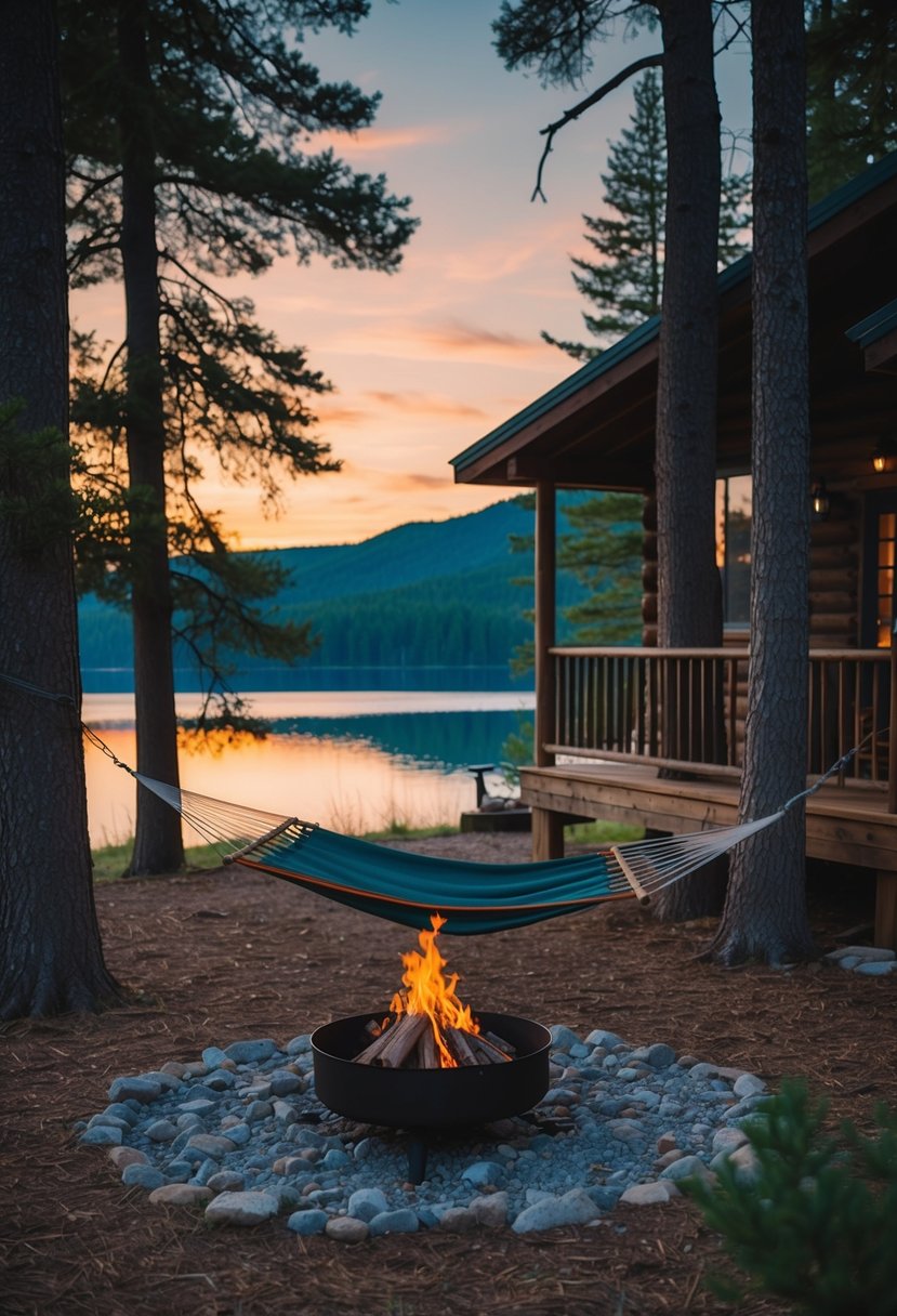 A cozy cabin nestled in a forest clearing, with a crackling fire pit and a hammock strung between two trees. A serene lake reflects the sunset in the distance