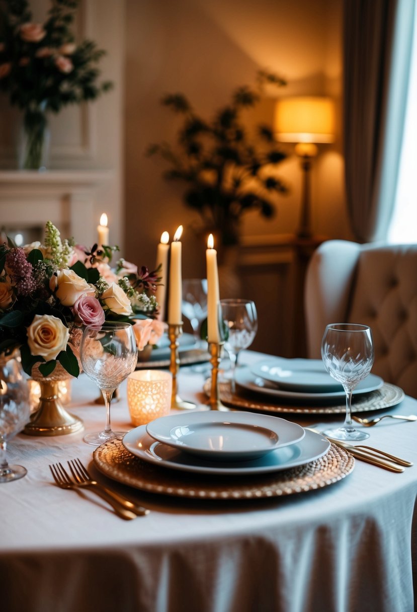 A cozy dining table set with elegant dinnerware, adorned with romantic candles and flowers, surrounded by a warm and inviting ambiance