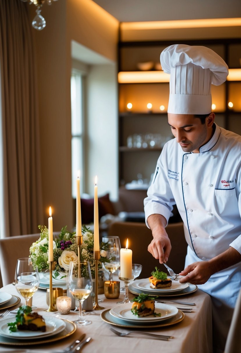 A cozy dining room with a table set for two, candles, and a chef preparing a gourmet meal