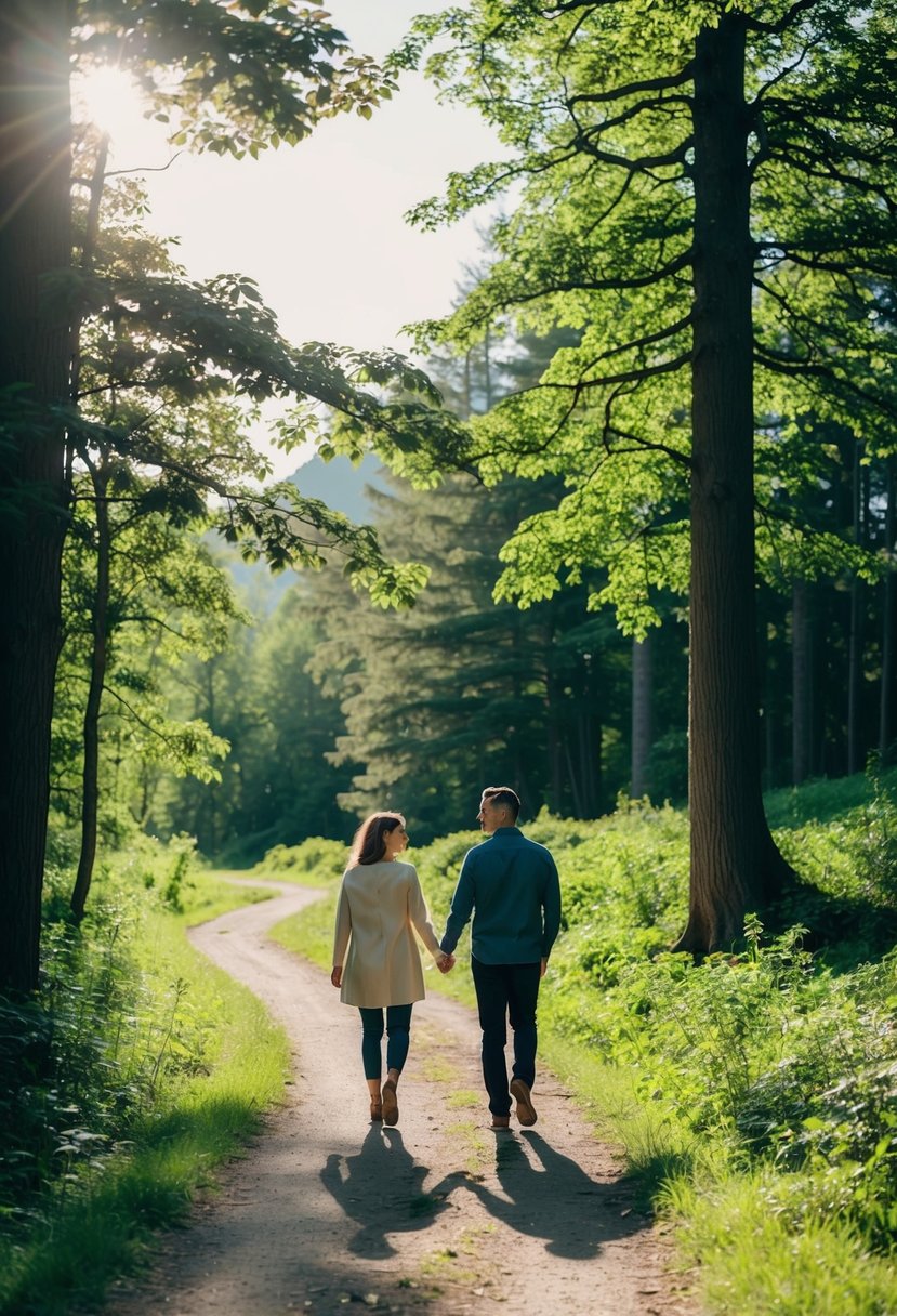 A couple walks hand in hand along a winding forest trail, surrounded by lush greenery and towering trees. The sun filters through the leaves, casting dappled shadows on the path