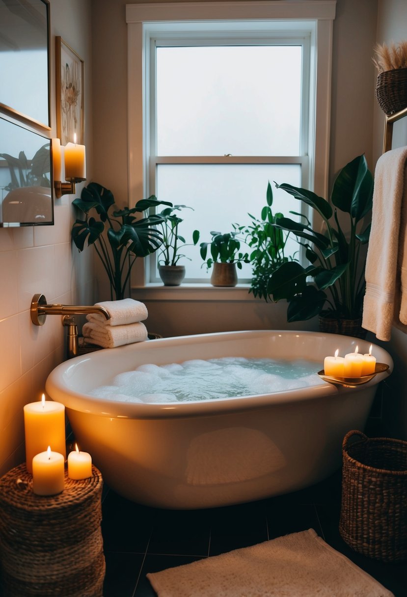 A cozy bathroom with flickering candles, fluffy towels, and a bubbling bath surrounded by lush plants and soothing music