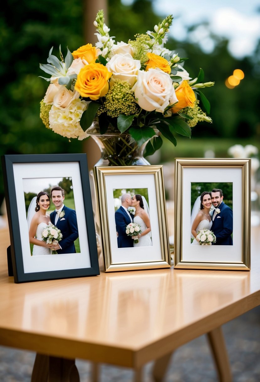 A table with framed couple photos and a vase of flowers, representing 13th wedding anniversary celebration