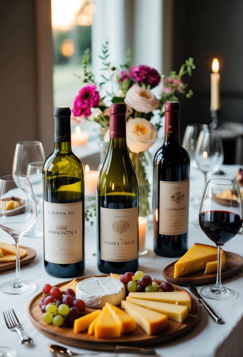 A table set with various wine bottles, glasses, and cheese platters. Candles and flowers add a romantic ambiance to the room