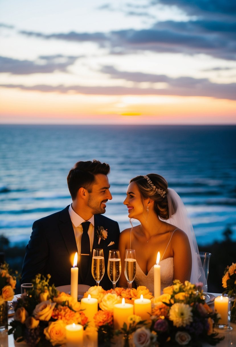 A couple sitting at a candlelit table, surrounded by flowers and champagne, with a view of a sunset over the ocean