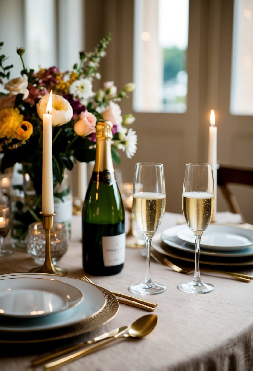 A cozy dining table set with candles, flowers, and elegant dinnerware. A bottle of wine and two champagne flutes sit ready for a celebratory toast