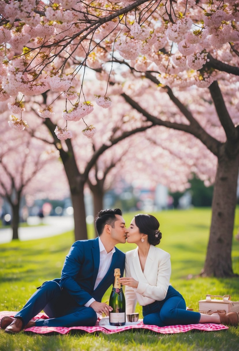 A couple's picnic under a blooming cherry blossom tree with a bottle of champagne and a handwritten love letter