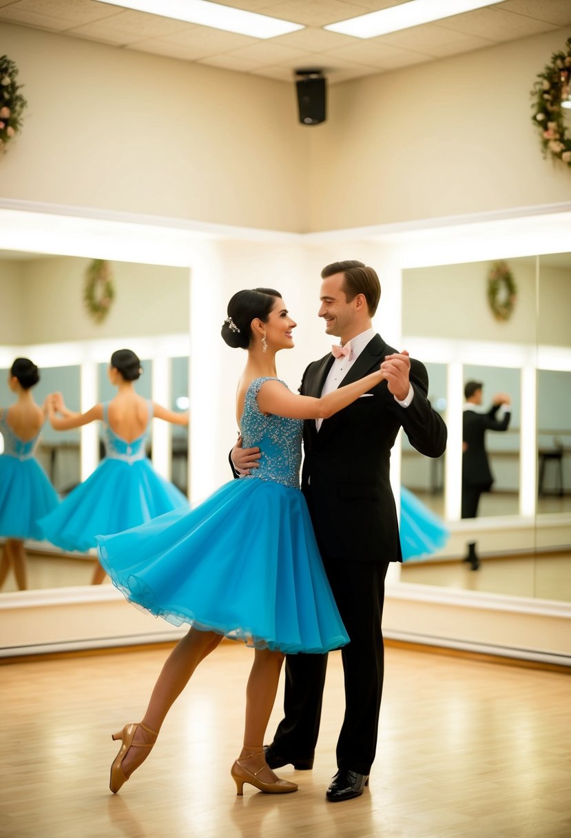 A couple gracefully waltzing in a brightly lit dance studio, surrounded by mirrors and elegant decor