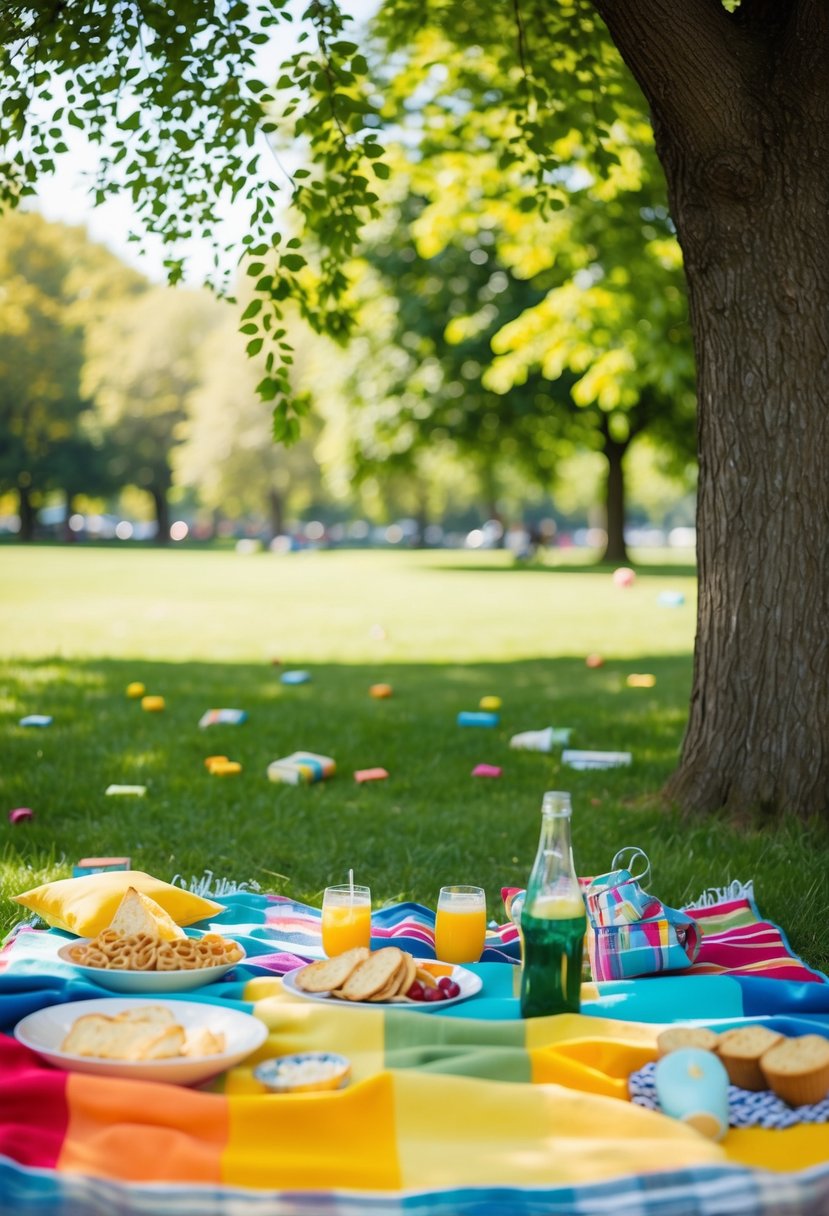 A colorful picnic blanket spread out under a leafy tree, surrounded by scattered snacks and drinks, with a sunny park in the background