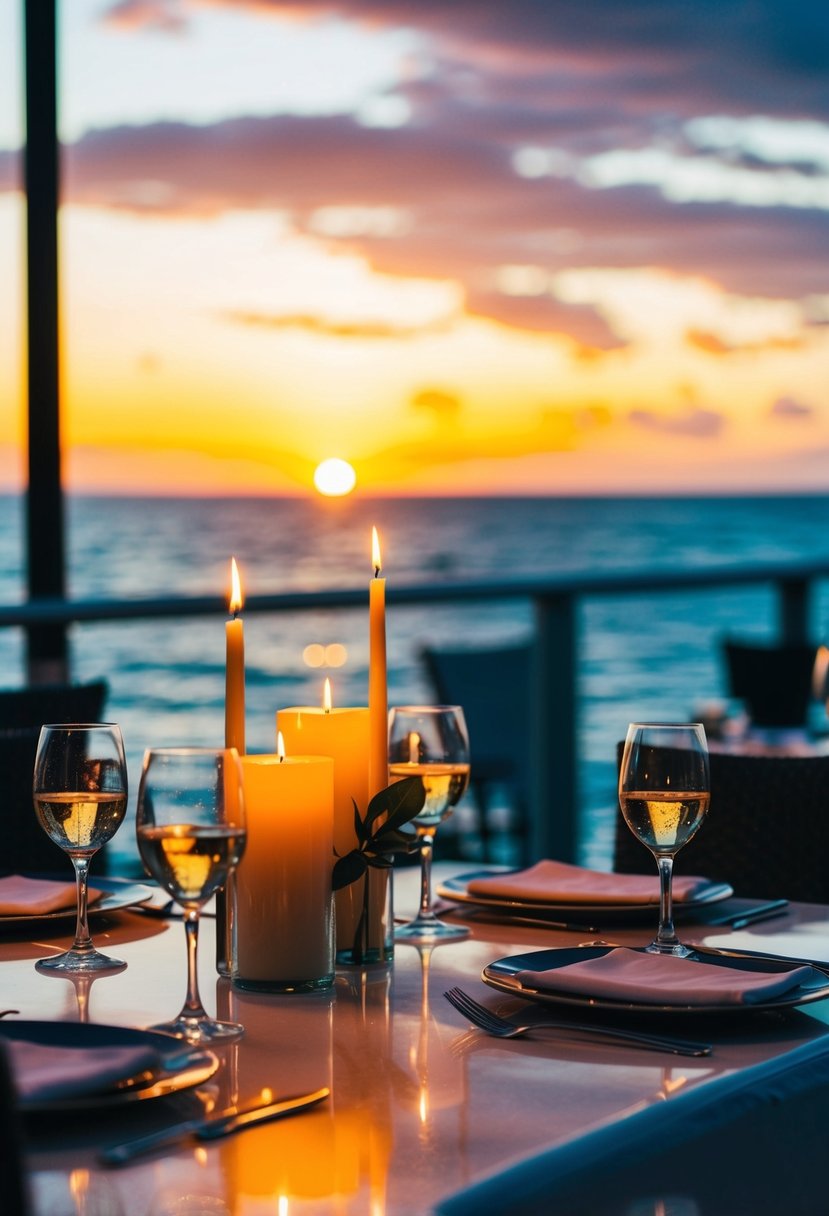 A candlelit dinner at a waterfront restaurant, with a view of the sunset over the ocean