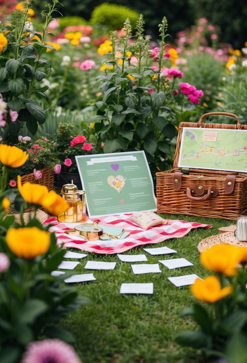 A garden with hidden clues among flowers, a picnic set up with a treasure map, a romantic trail with love notes, and a final surprise gift