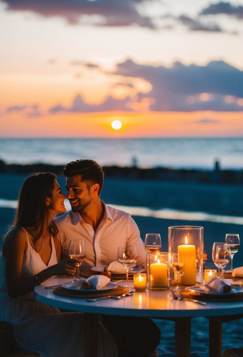 A couple enjoying a romantic dinner at a candlelit table by the beach, with a beautiful sunset in the background