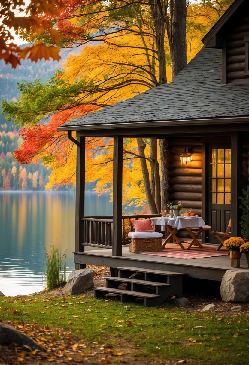 A cozy cabin nestled in the woods, surrounded by colorful autumn foliage and a tranquil lake, with a picnic set up on the porch