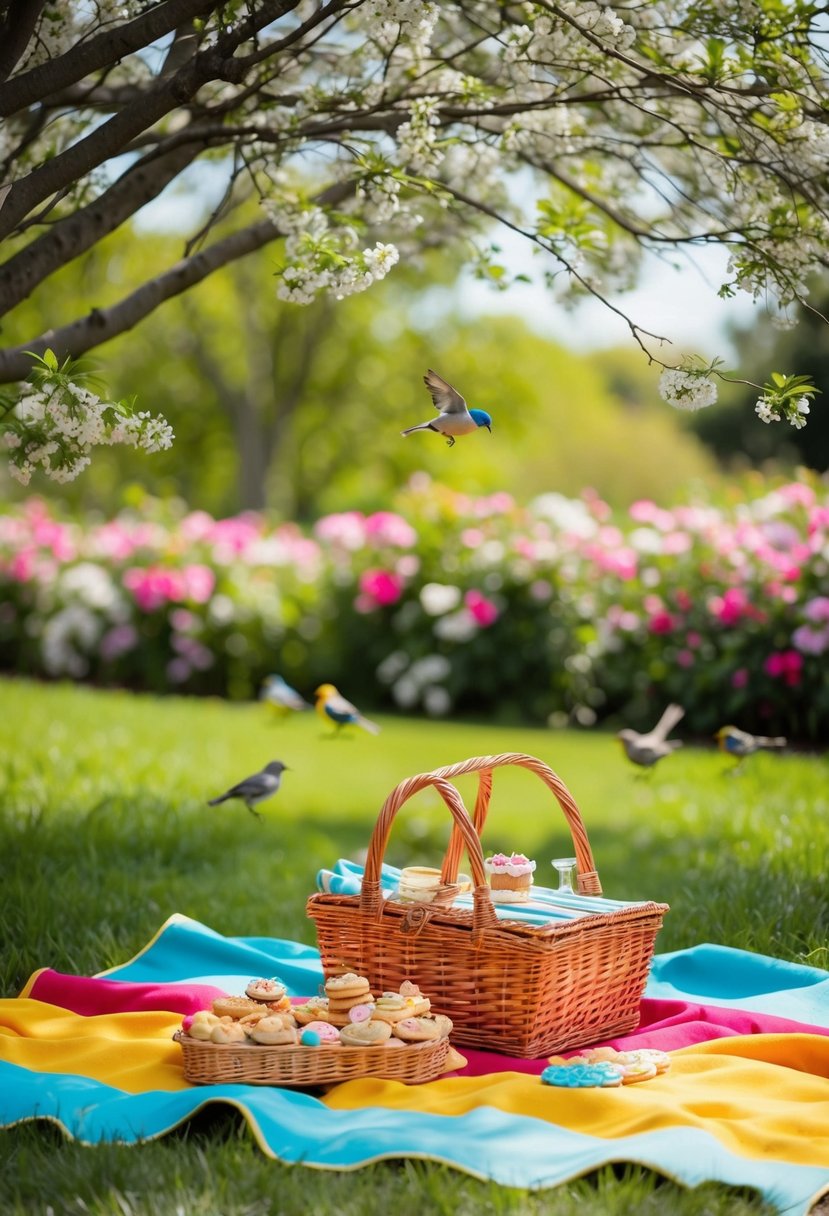 A colorful picnic blanket spread out under a shady tree, surrounded by blooming flowers and chirping birds. A wicker basket filled with delicious treats sits in the center