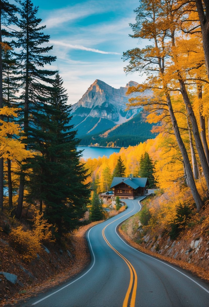 A winding road through colorful autumn trees leads to a secluded mountain cabin with a stunning view of a serene lake