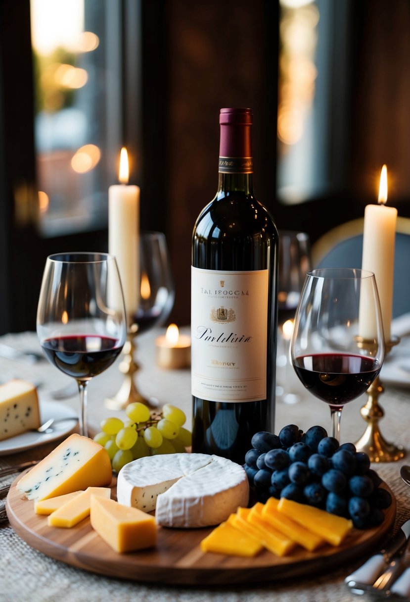 A table set with a variety of cheeses, grapes, and a bottle of wine, with elegant wine glasses and candles creating a romantic ambiance