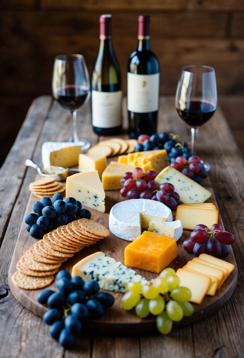 A rustic wooden table set with an assortment of cheeses, crackers, and grapes, accompanied by a selection of wine bottles and glasses