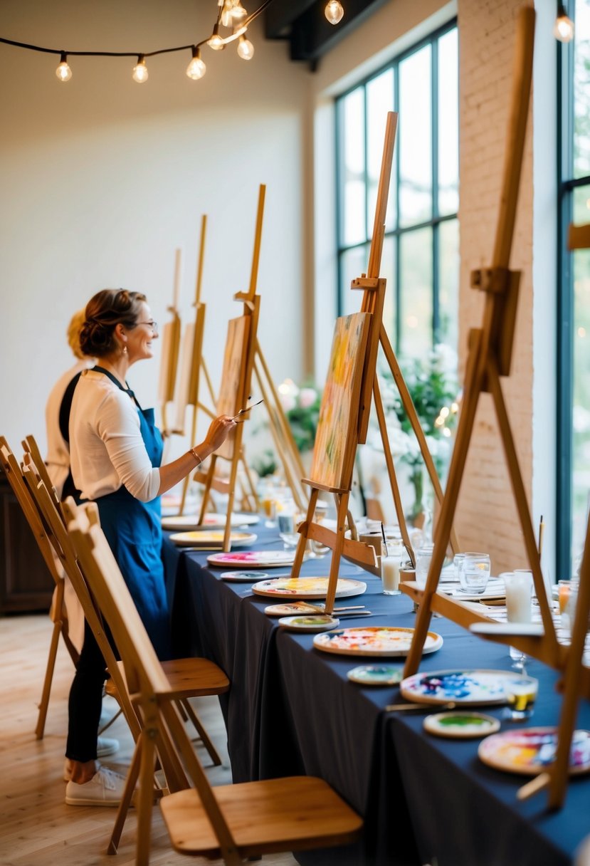 A cozy art studio with easels, paint palettes, and canvases set up for couples. Soft lighting and romantic ambiance for a 29th wedding anniversary painting class