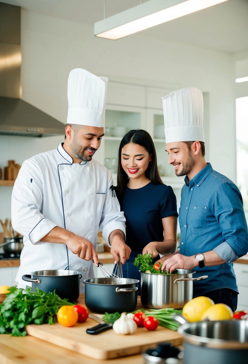 A chef demonstrates cooking techniques to a couple in a bright, spacious kitchen filled with pots, pans, and fresh ingredients