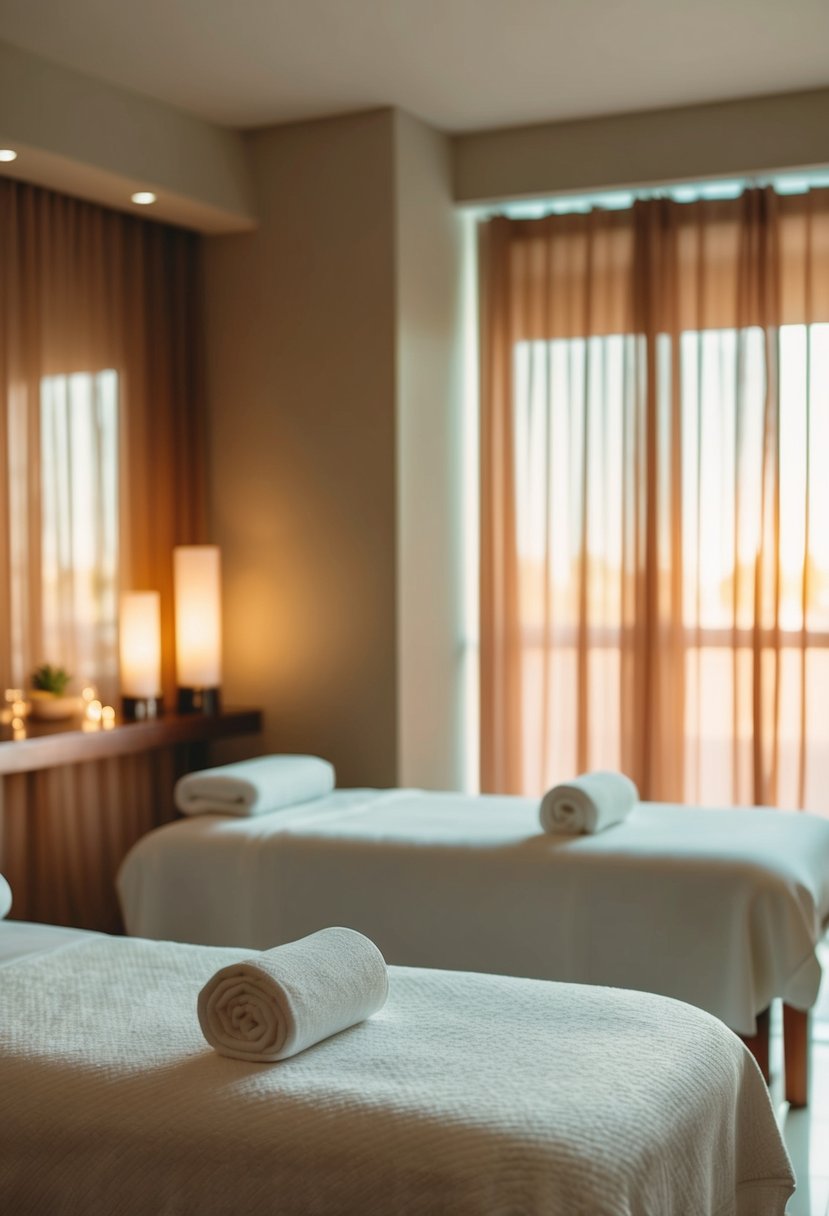 A serene spa room with two massage tables, soft lighting, and calming music