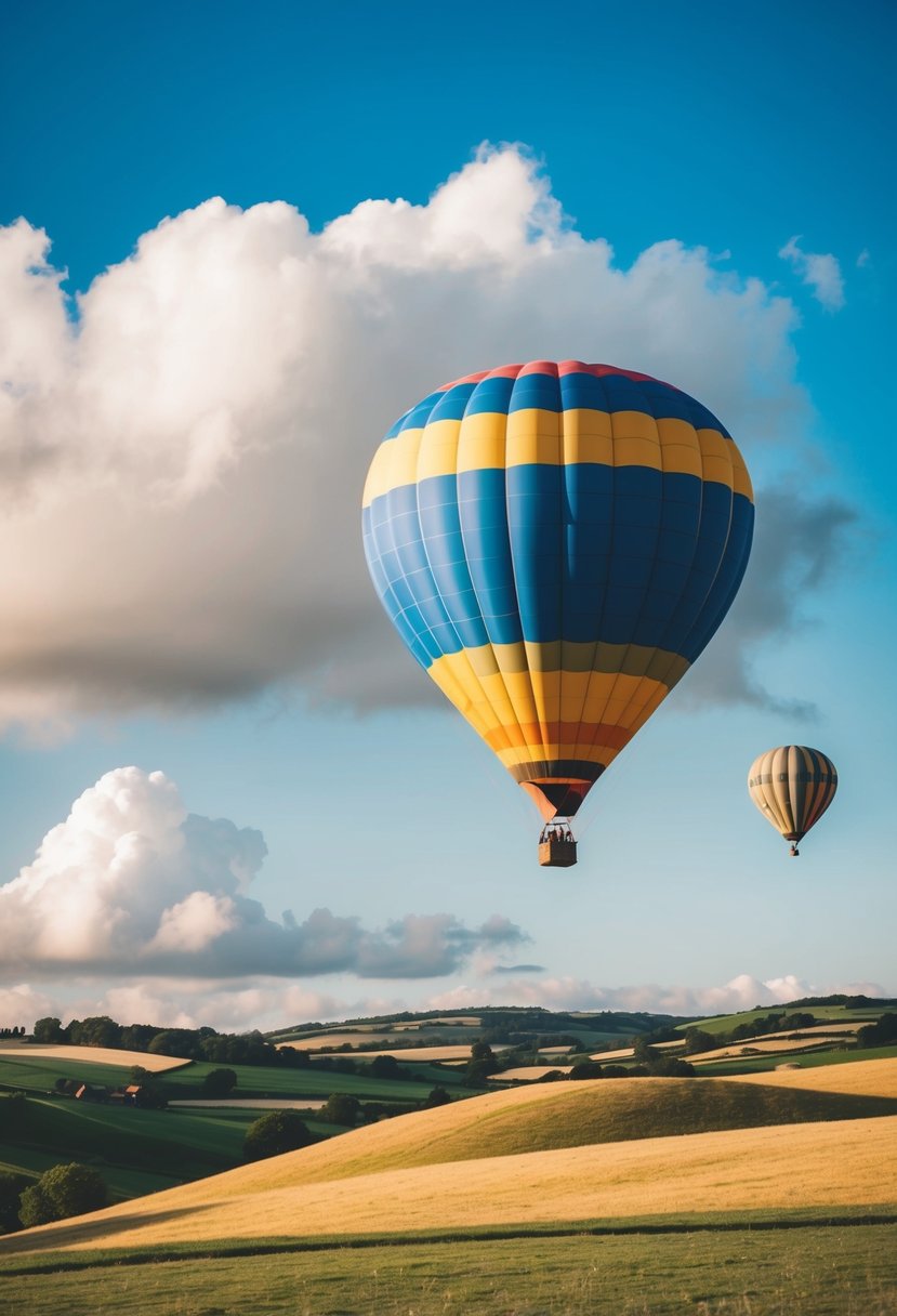 A colorful hot air balloon floats above rolling hills and a serene countryside, with a clear blue sky and fluffy white clouds in the background