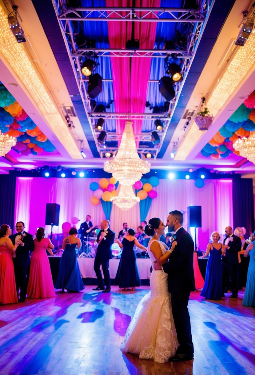 A vibrant ballroom filled with colorful decorations, disco lights, and a live band playing music as couples dance and celebrate a 29th wedding anniversary