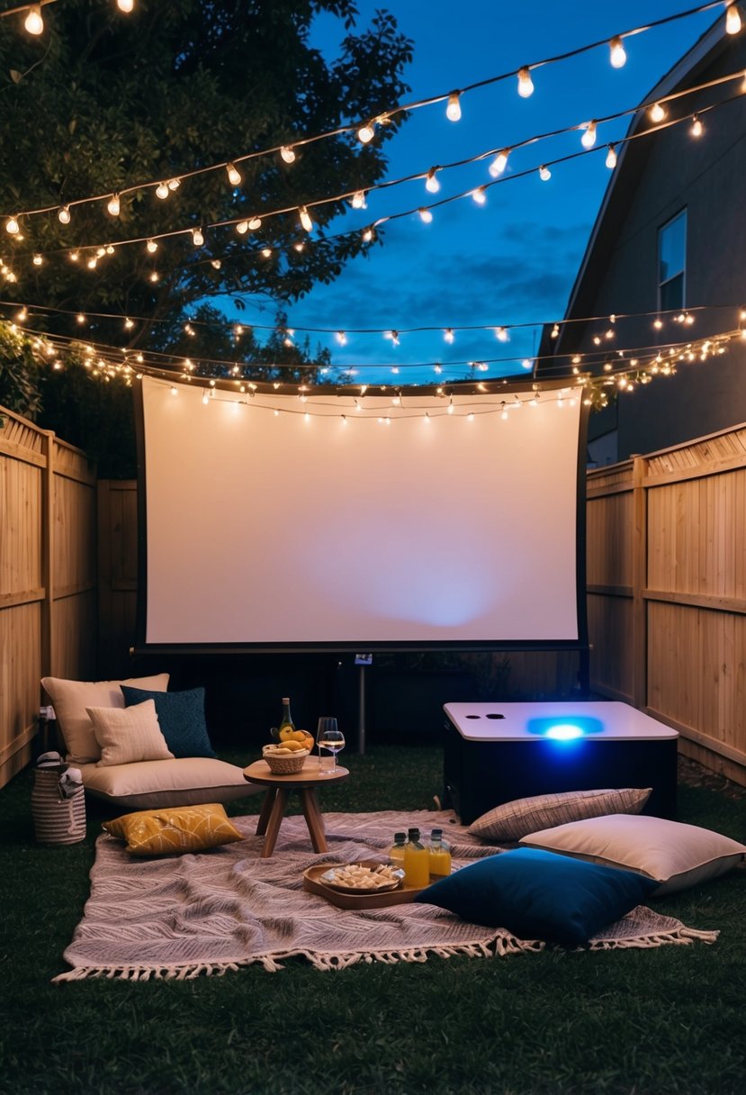 A cozy backyard with string lights, a large screen, and a projector. A picnic blanket and cushions are arranged for seating, and a table holds snacks and drinks