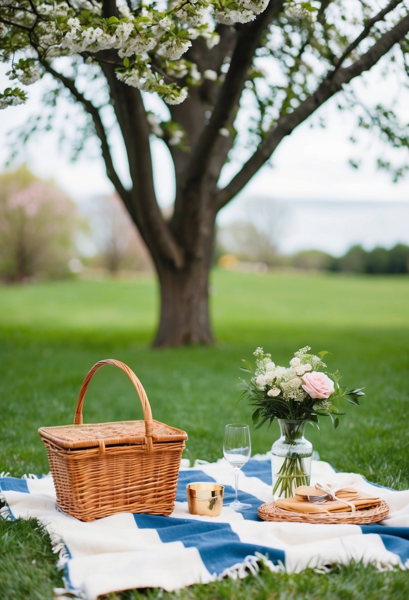 A cozy picnic blanket spread under a blooming tree, with a wicker basket, wine glasses, and a vase of fresh flowers