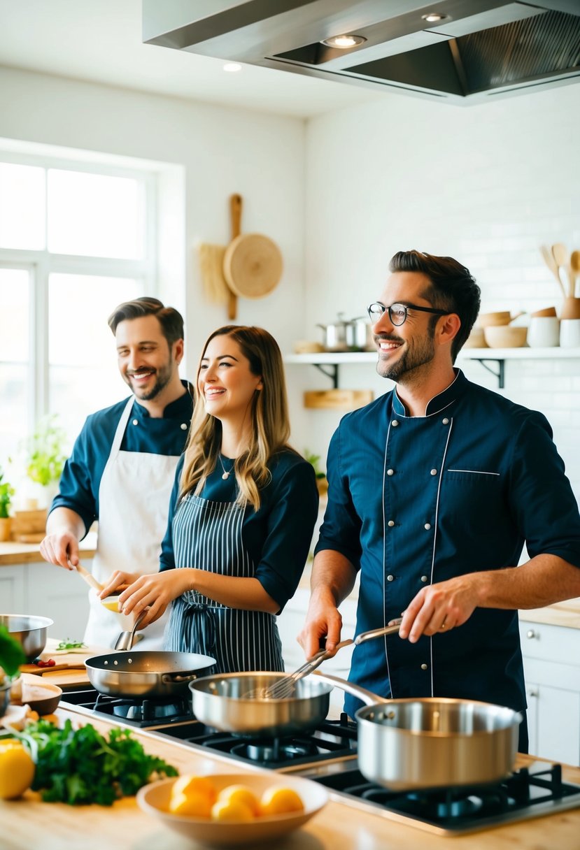 A couple stands side by side in a bright, spacious kitchen, surrounded by pots, pans, and fresh ingredients. A chef leads them through a hands-on cooking class, as they laugh and enjoy each other's company