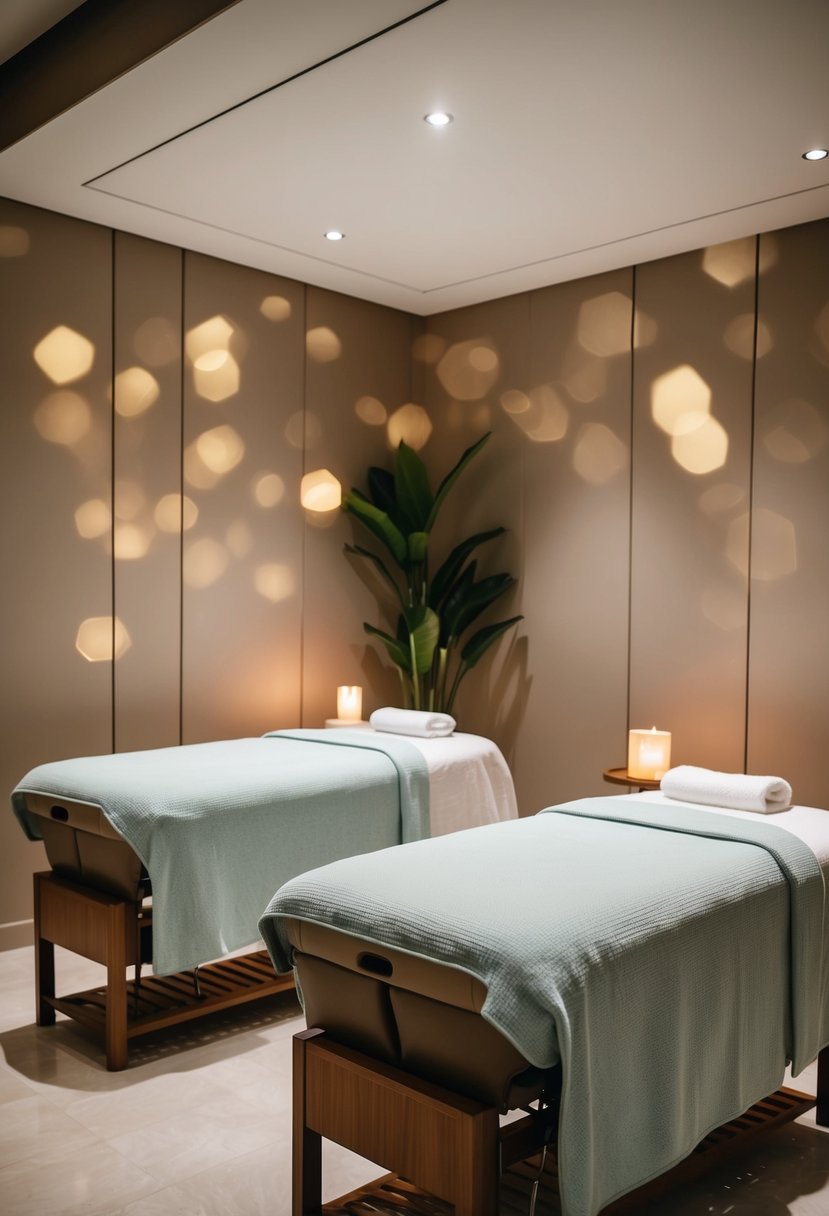 A serene spa room with two massage tables, soft lighting, and calming music