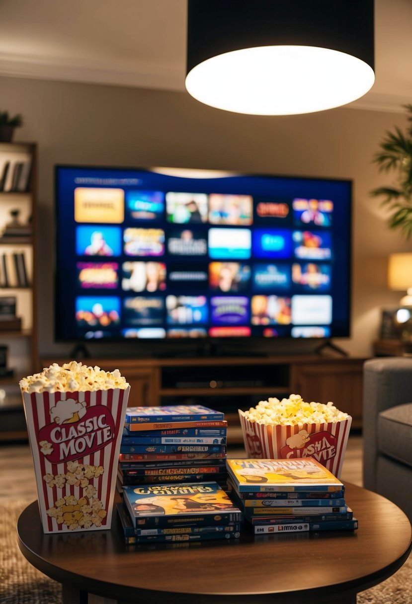 Cozy living room with dimmed lights, a big screen TV, and a pile of classic movie DVDs. Popcorn and snacks on a coffee table