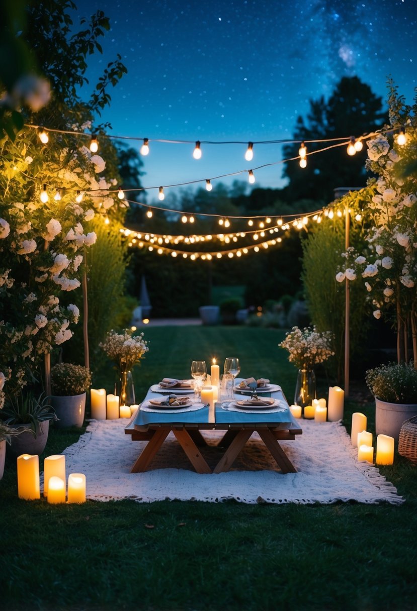 A cozy picnic in a blooming garden with a table set for two, surrounded by candles and fairy lights under a starry night sky