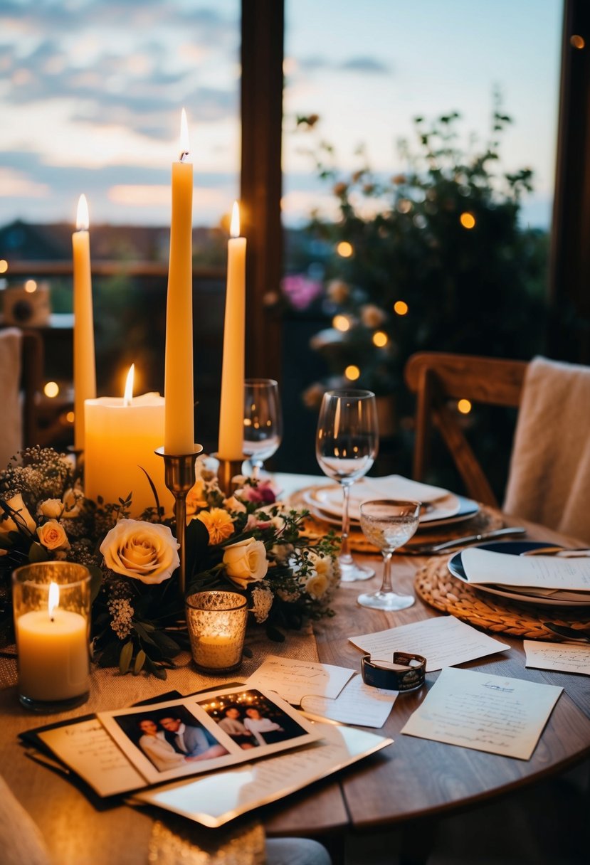 A cozy table set for two with candlelight and flowers, surrounded by love letters and photos from 29 years of marriage