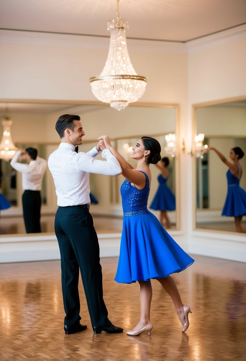 A couple gracefully learns a new dance style in a spacious, elegant ballroom with mirrors and a polished wooden floor