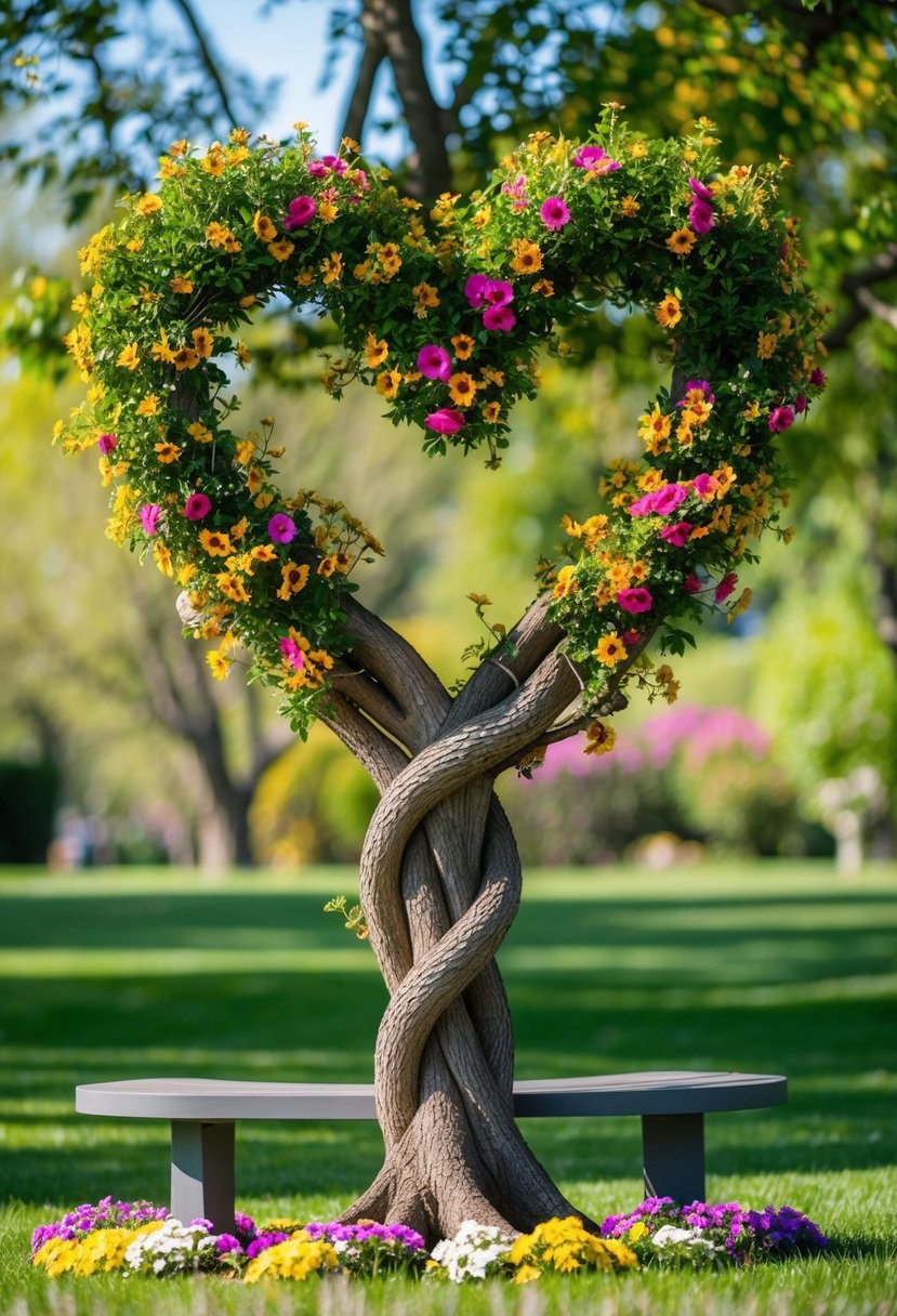 A heart-shaped tree with intertwined branches, surrounded by colorful flowers and a bench underneath, symbolizing love and growth on a sunny day