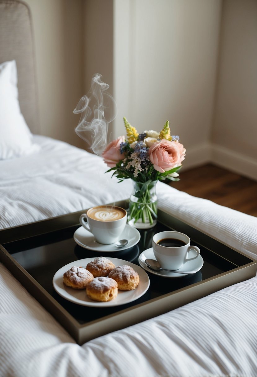 A tray with a steaming cup of coffee, a plate of pastries, and a vase of flowers sits on a neatly made bed