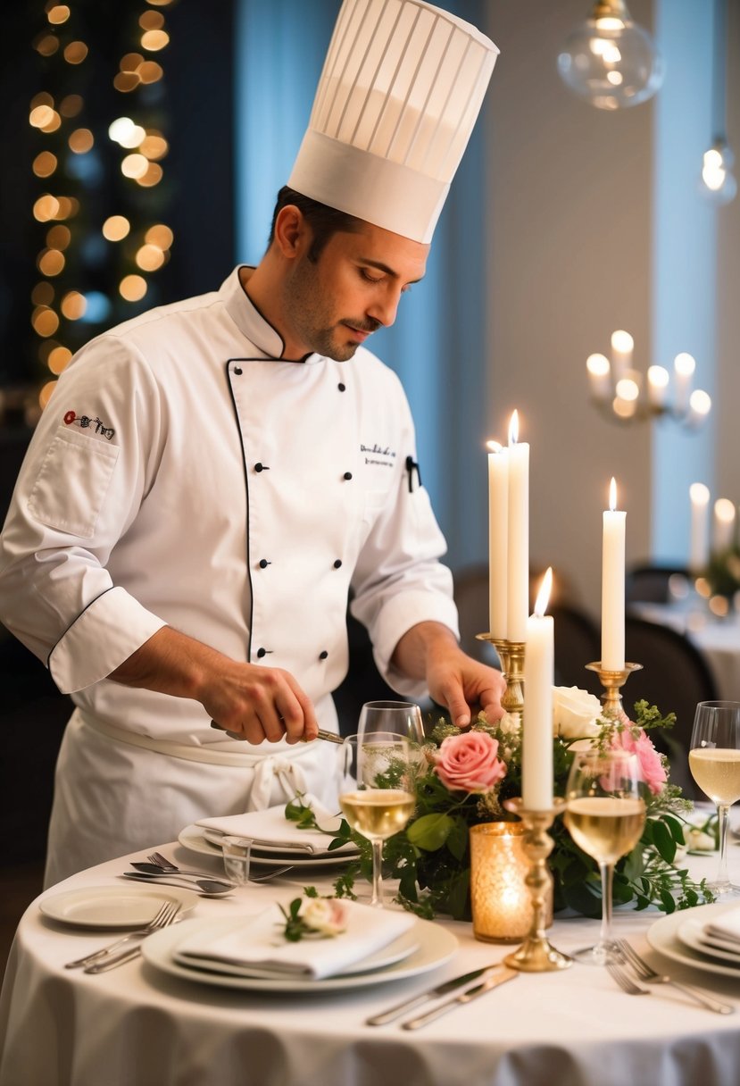 A private chef prepares a romantic dinner for a 29th wedding anniversary, setting an elegant table with candlelight and flowers