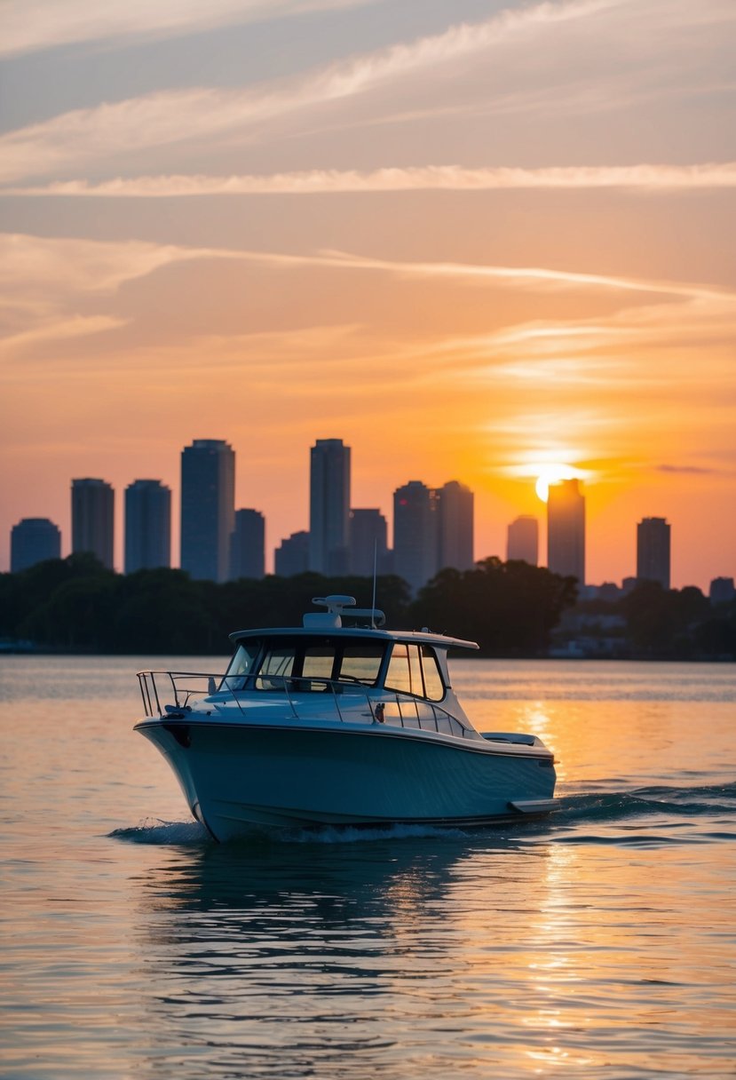 A serene boat glides on calm waters, bathed in the warm glow of the setting sun, with a picturesque skyline in the background