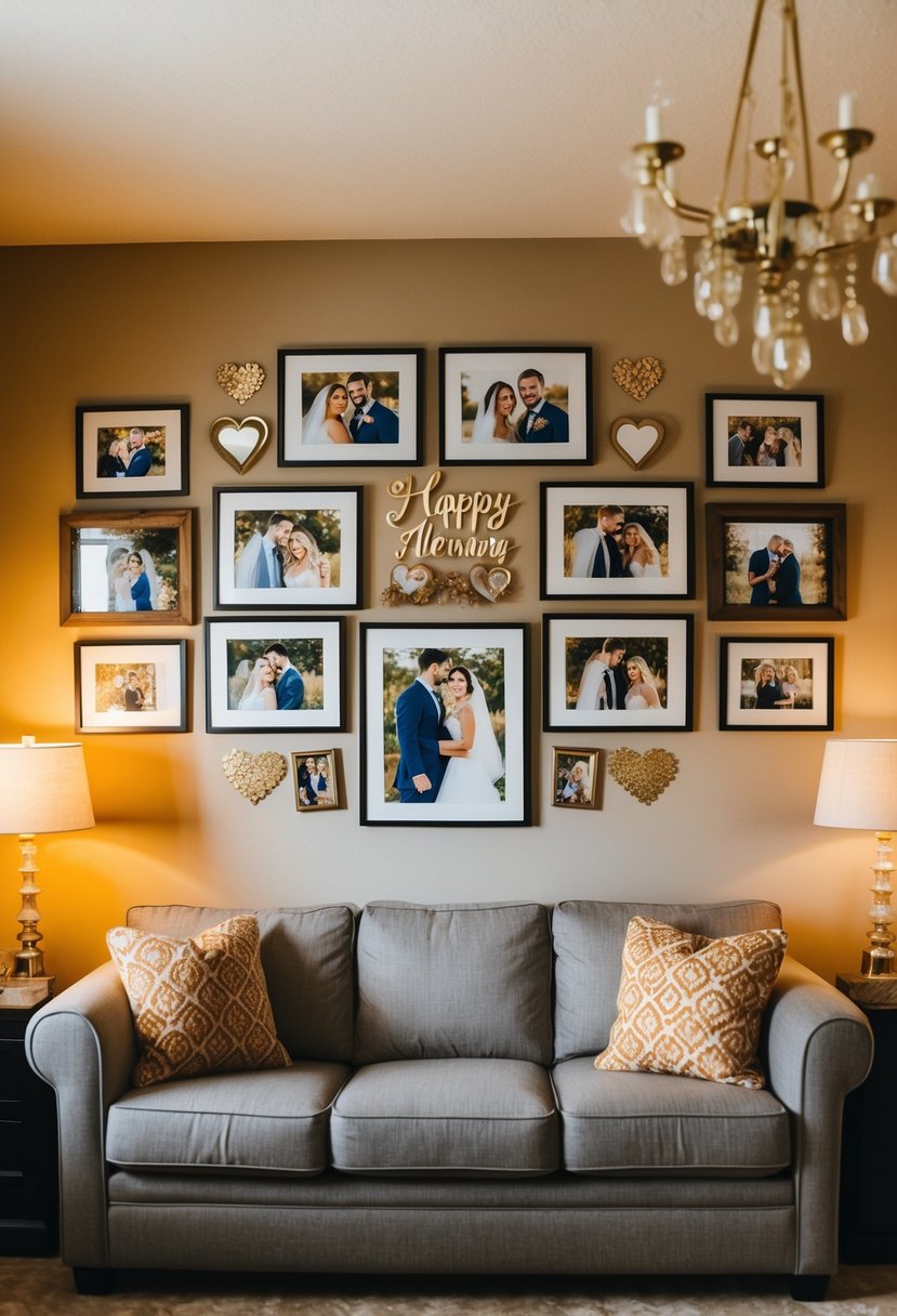 A cozy living room with a collage of framed couple photos on the wall, surrounded by anniversary decorations and warm lighting