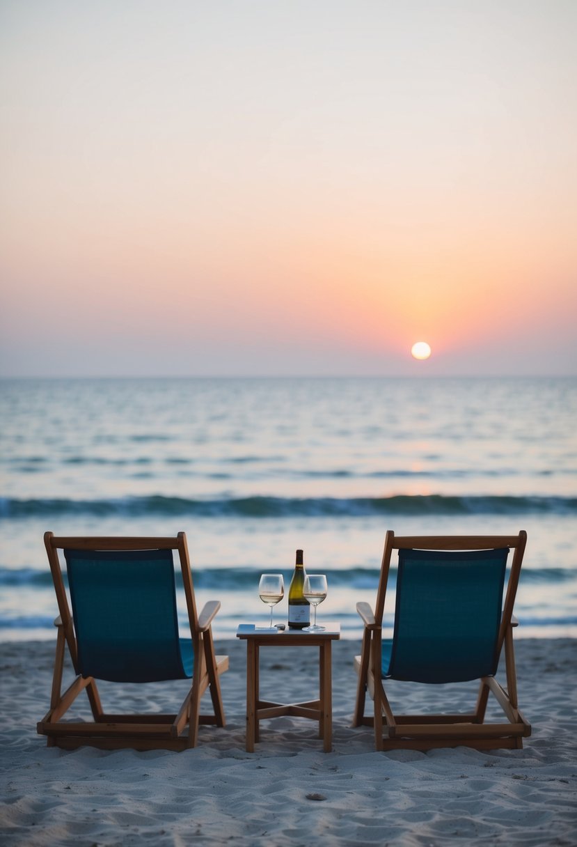 A serene beach at sunset, with two beach chairs and a small table set with wine glasses and a bottle. The ocean stretches out in the background, creating a romantic and peaceful atmosphere