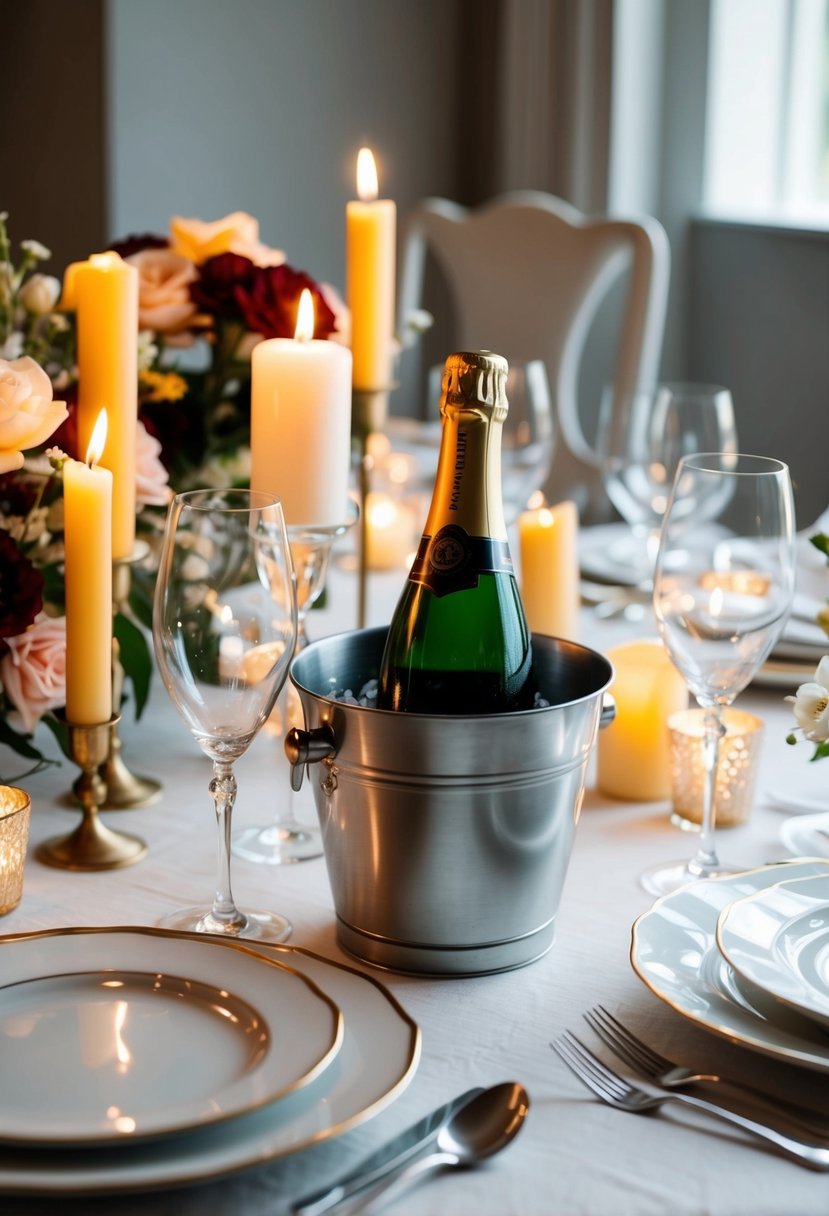 A romantic dinner table set with candles, flowers, and elegant dinnerware. A bottle of champagne chilling in a bucket