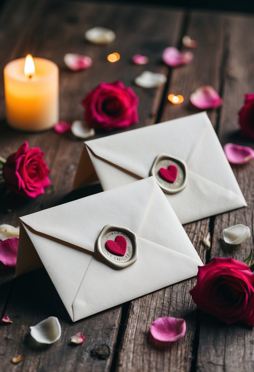 Two envelopes with heart seals sit on a rustic wooden table, surrounded by scattered rose petals and a flickering candle