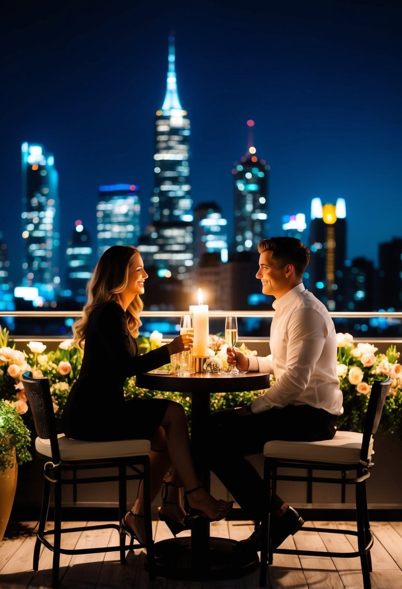 A couple sits at a candlelit table on a rooftop bar, overlooking a city skyline at night. The table is adorned with flowers and a bottle of champagne