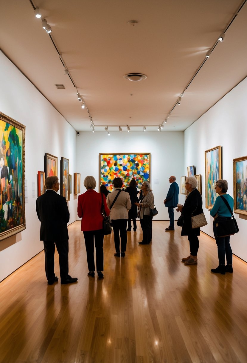 Colorful paintings and sculptures fill the spacious gallery, illuminated by soft lighting. Visitors admire the diverse artwork, while a guide leads a small tour group